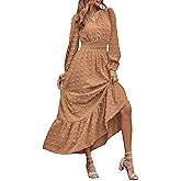MASCOMODA Women Maxi Dress 2025 Fall Long Sleeve V Neck Swiss Dot Boho Smocked High Waisted A-Line Tiered Flowy Long Dresses