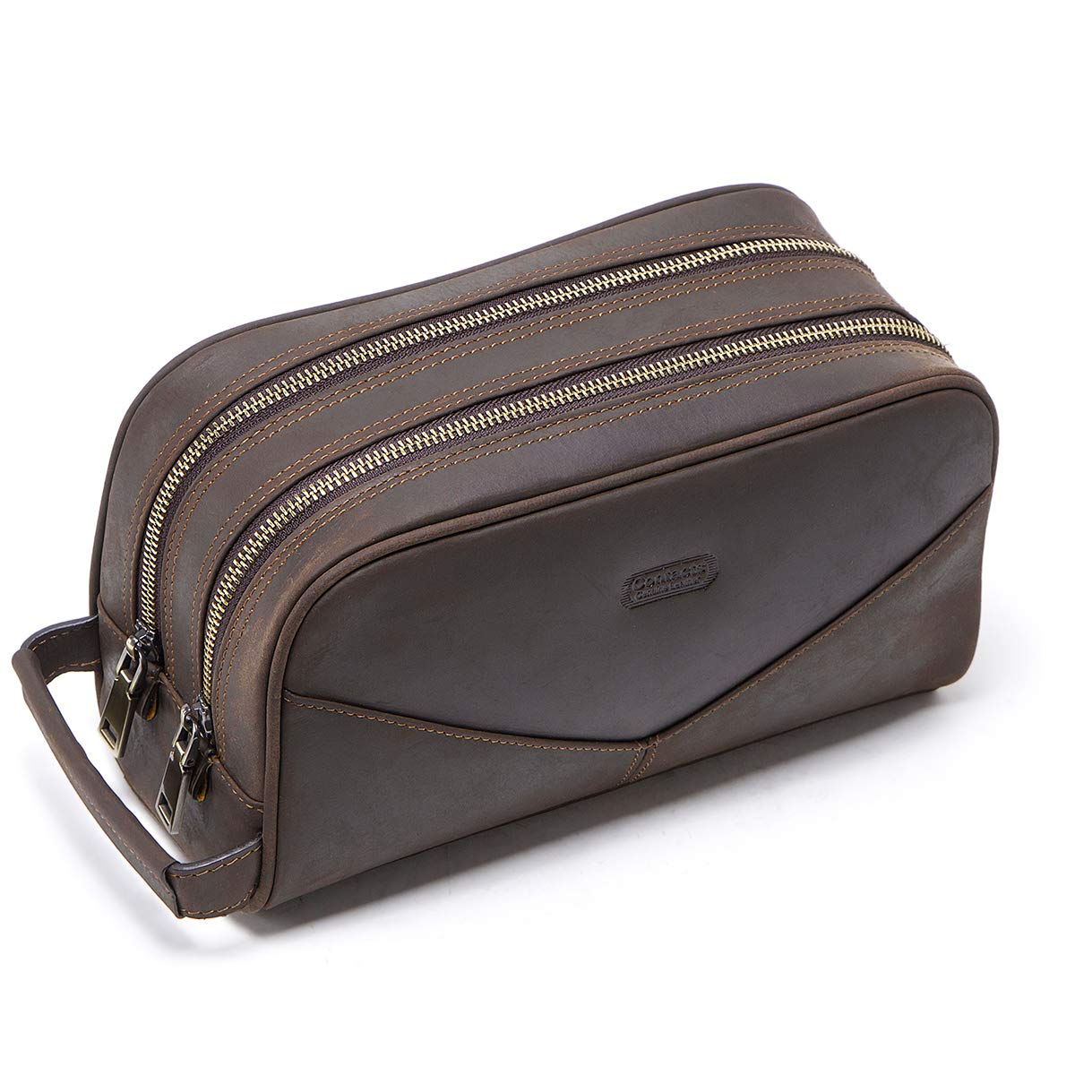 Contacts Men's Cowhide Leather Travel Toiletry Bag with Large Capacity Double Zip, Brown, Taille Unique, Toiletry Bag