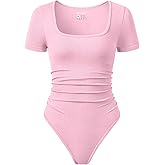 OQQ Women Bodysuits Ruched Short Sleeve Square Neck Stretch Lounge Travel Bodysuits