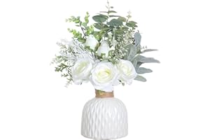 FOTEEWL Artificial Flowers with Ceramic Vase,Faux Silk Roses and Fake Plant Eucalyptus in Vase for Centerpiece Table Decorations, Living Room,Dining Table,Fireplace,Office,Farmhouse,Home Decor(White)