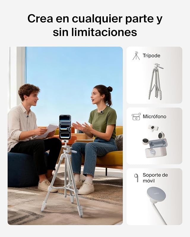 Stage Creator Kit de Creación de Contenido con Trípode, Soporte Magnético para Móvil y Dos Micrófonos Inalámbricos, Kit de Vlogging, Paquete de Grabación de Vídeo, TikTok, Youtube e Instagram