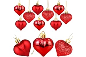 YXOTJHS 12 Pcs Heart Ornaments for Christmas Tree, 3 Styles Small Red Christmas Ornaments, Valentine Ornaments for Small Tree, Shatterproof Plastic Christmas Ornaments Set