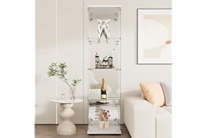 Beauty4U Glass Display Cabinet with Mirror Back Panel, 4 Shelves, Curio Cabinets for Living Room, Bedroom, Office, White Floor Standing Glass Bookshelf, Quick Installation