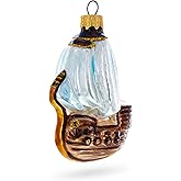 Wooden Sailboat with Billowing White Sails Glass Christmas Ornament