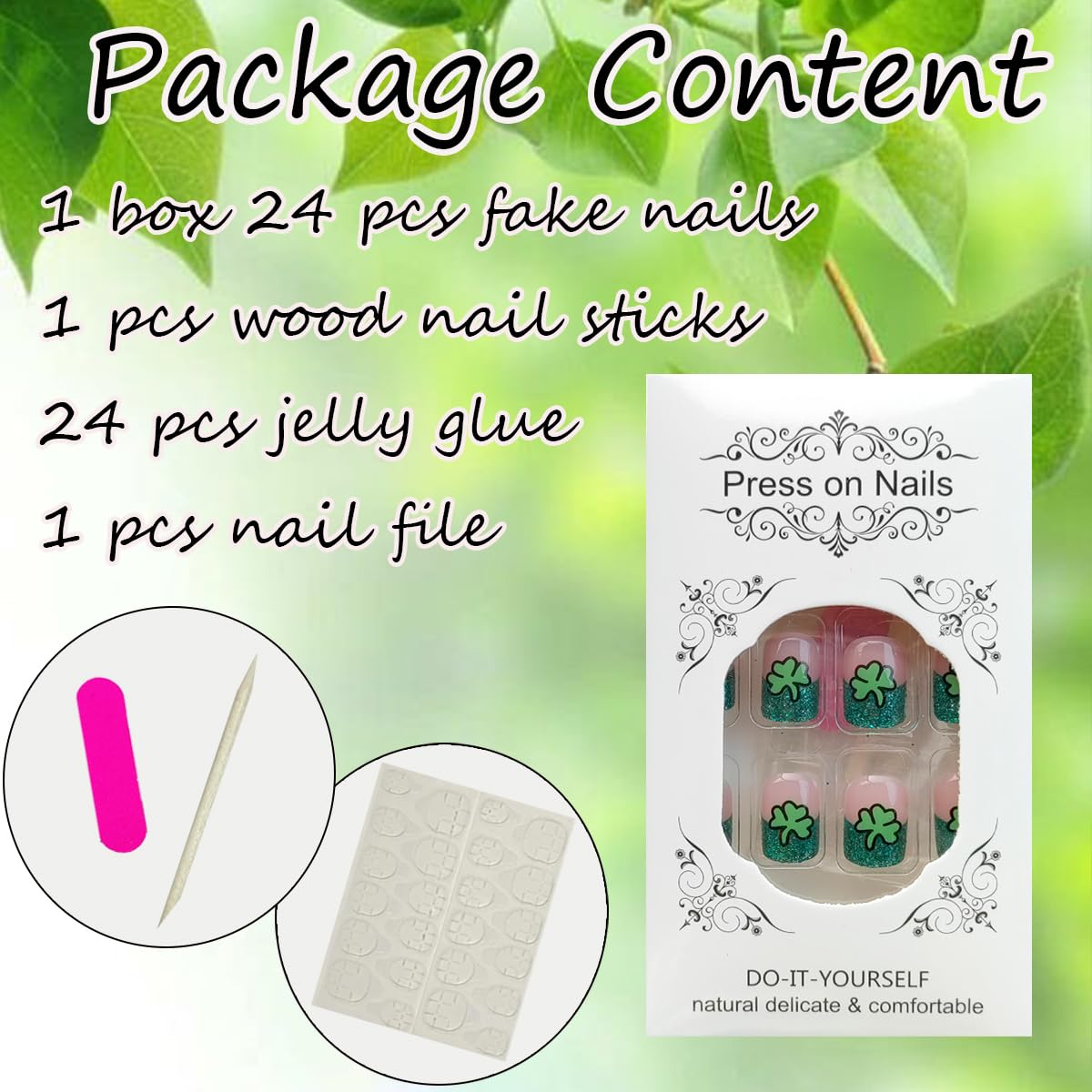 24Pcs St. Patrick's Day Press on Nails Short Fake Nails Lucky Shamrock Stick on Nails Green French Tip False Nails Coffin Shape Glue on Nails Irish Clover Acrylic Nails for Women Spring Holiday Nails - Image 5