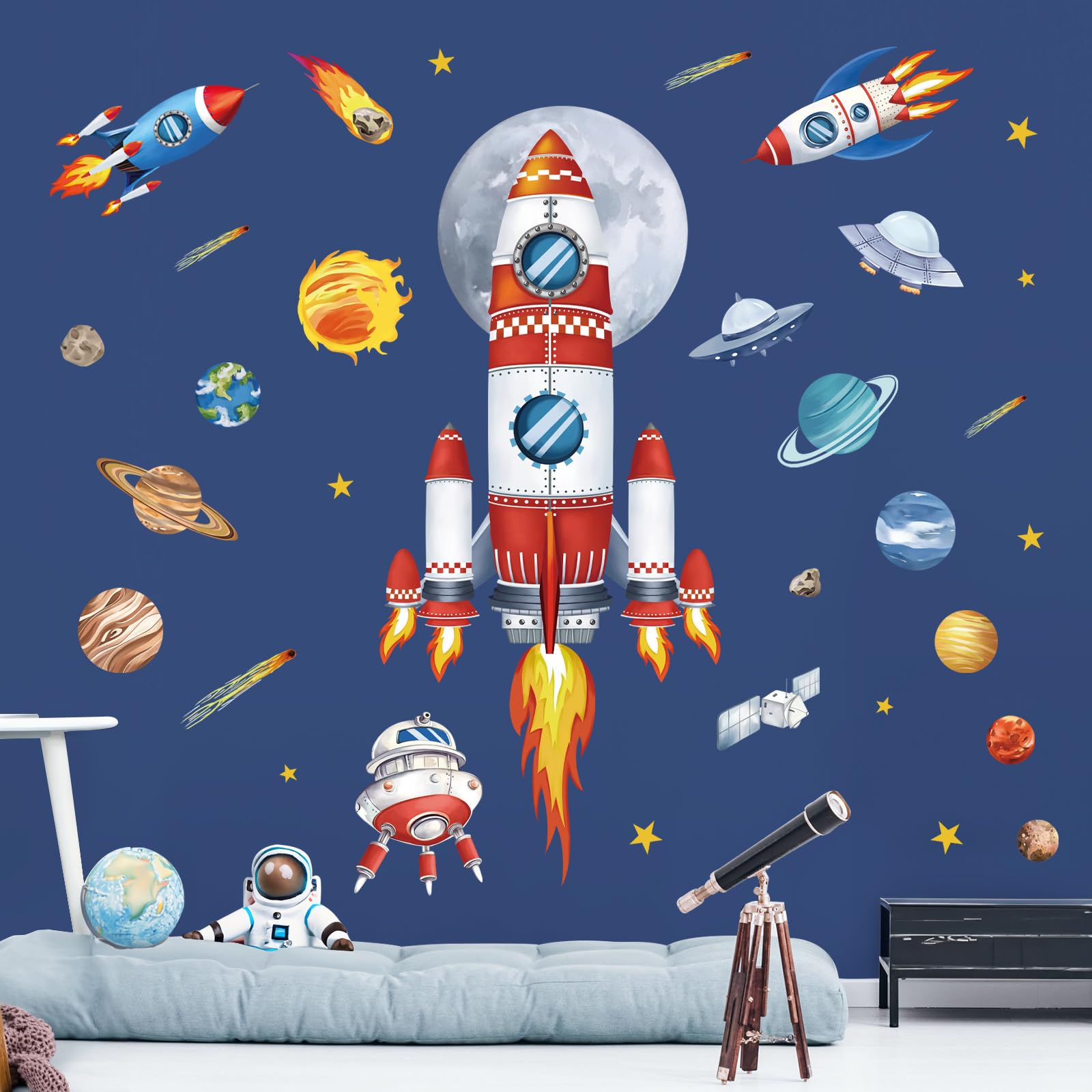 decalmile Outer Space Large Rockets Wall Decals Planets Stars Solar System Wall Stickers Baby Nursery Boys Bedroom Playroom Wall Decor