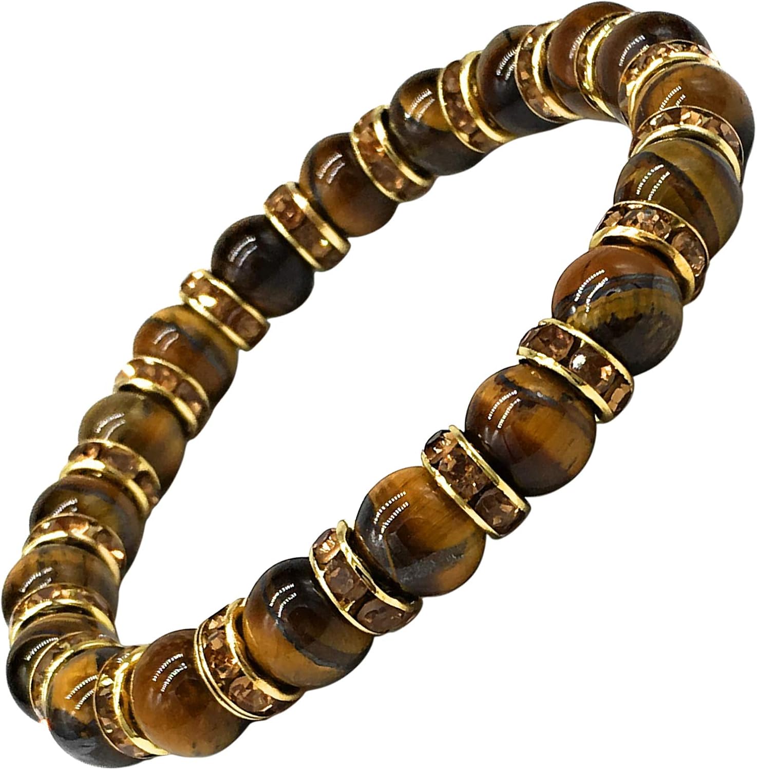 Helena Rose Ladies Bracelet For Women- Natural Tigers Eye Semi Precious Stones & Sparkling Rhinestone Golden Crystals