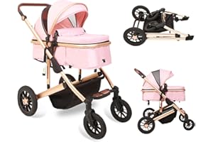Trenana 2 in1 Baby Stroller,High Landscape Infant Stroller,Reversible Bassinet Stroller,Adjustable Backrest & Canopy,Foldable Aluminum Alloy Anti-Shock Stroller for Newborn (Gold-Pink)