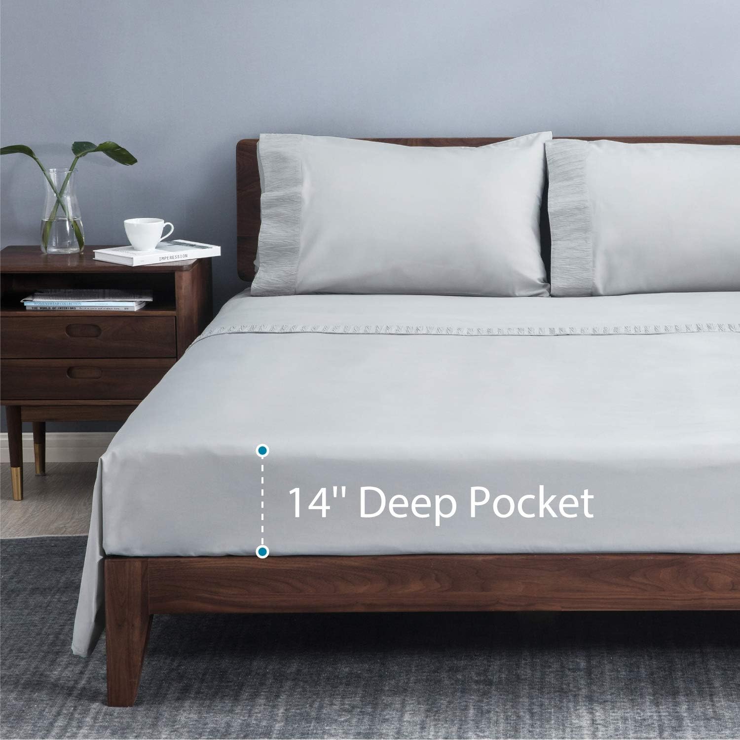 Bedsure Bed Sheet Set - Ruffled Embossed Light Gray Bed Sheets - Soft Brushed Microfiber, Wrinkle Resistant Bedding Set - 1 Fitted Sheet, 1 Flat Sheet, 2 Pillowcases (Queen, Light Grey): Home & Kitchen