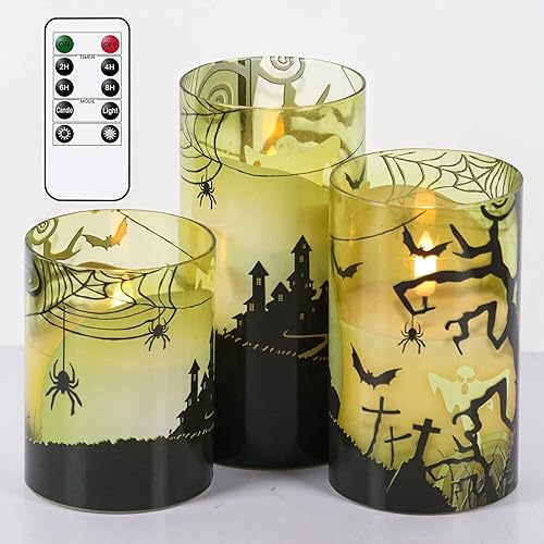 Eldnacele Halloween Green Glass Flameless Candles with Remote Timer, Battery LED Halloween Candles Flickering for Home Decoration Gift 4” 5” 6” Set of 3(Spooky Crow Spide Castle Pattern)