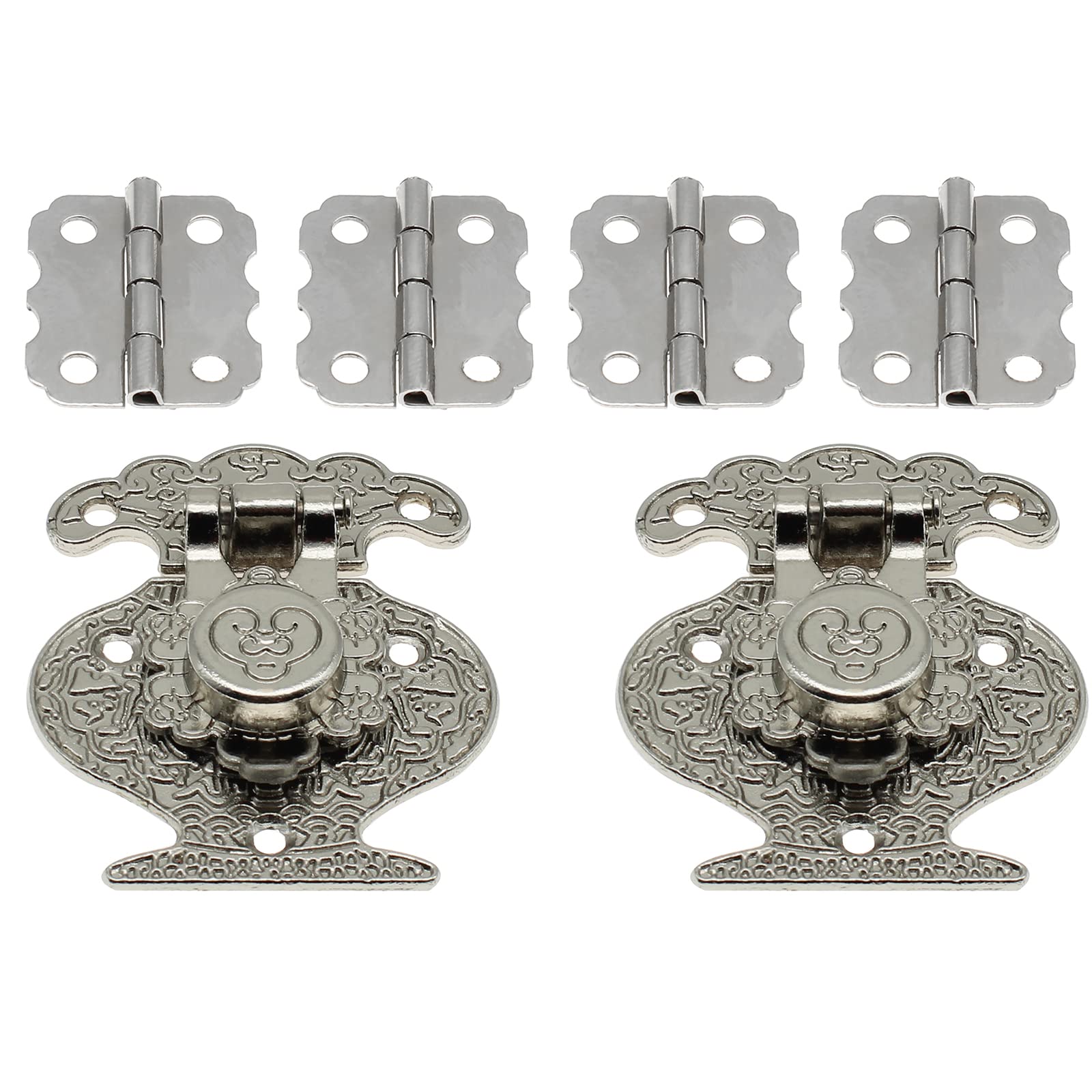 Photo 1 of 2 Pack Antique Bronze Vase Hasp Latch and Mini Flower Type Hinges Decorative Lock Buckle with Screwdriver Matching Screws [FDXGYH, Silver].