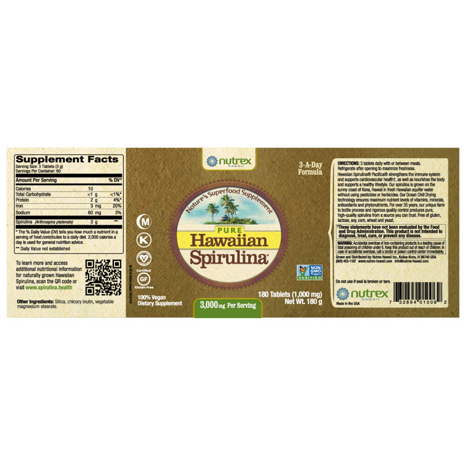 Nutrex Hawaii Hawaiian Spirulina Pacifica 1000 Mgs., 180Tablet Bottle