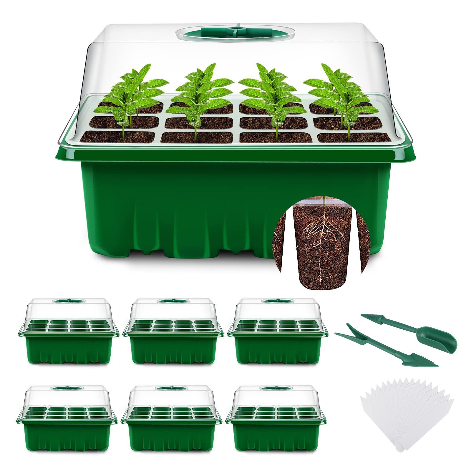 YAUNGEL Seed Trays, 6 Pack 72 Cells Propagator Growing Thicken Seedling Starter Growing Trays with Clear Lids/Adjustable Window for Greenhouse & Gardens, Green
