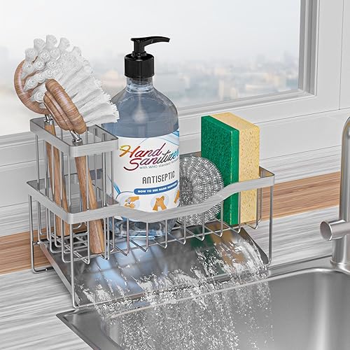 Vanwood Sink Caddy Sponge Holder with High Brush Rack and Self