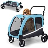 Saudism Dog Stroller for Large Dogs, Extra Large Pet Stroller for Medium Dogs, Dog Wagon Carriage, Foldable Design, Adjustable Handle, with Pocket, Up to 130 lbs, Blue