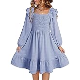 DOKOTOO KIDS Girls Dresses with Tiered Ruffle Long Sleeve and Side Pockets, Smocked Fall Spring Dress for 6-13 Years