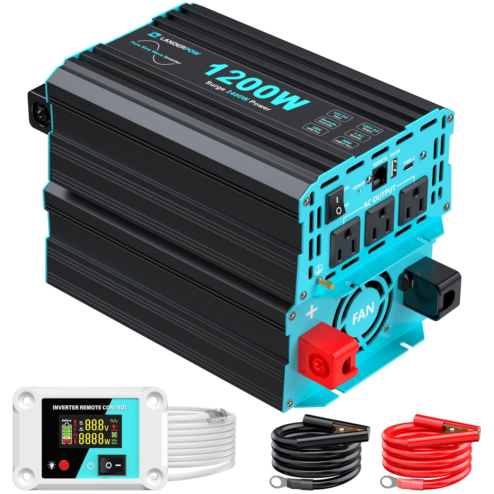 Photo 1 of LANDERPOW 1200 Watt Pure Sine Wave Inverter, Power Inverter for Car, Camping, Solar, RV, Truck, Home, 12V DC to 120V AC Inverters with 3 AC Outlet, 30W USB-C, 5V 3.1A USB, Remote Control, Surge 2400W