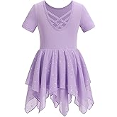 ODASDO Girls Ballet Leotard Toddler Kids Dancewear Short Sleeve Chiffon Handkerchief Ruffle Skirt Criss Cross Back Leotards