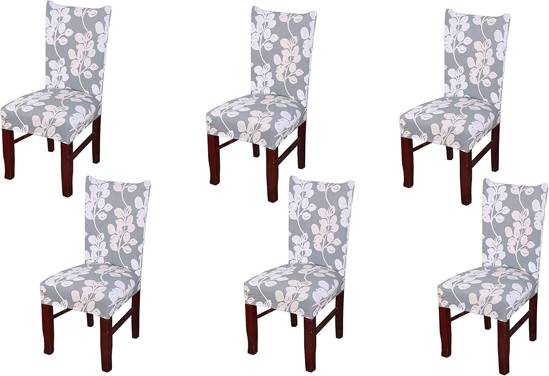 House of Quirk Elastic Chair Cover Stretch Removable Washable Short Dining Chair Cover Protector Seat Slipcover (6 Chair Cover, Grey Flower)