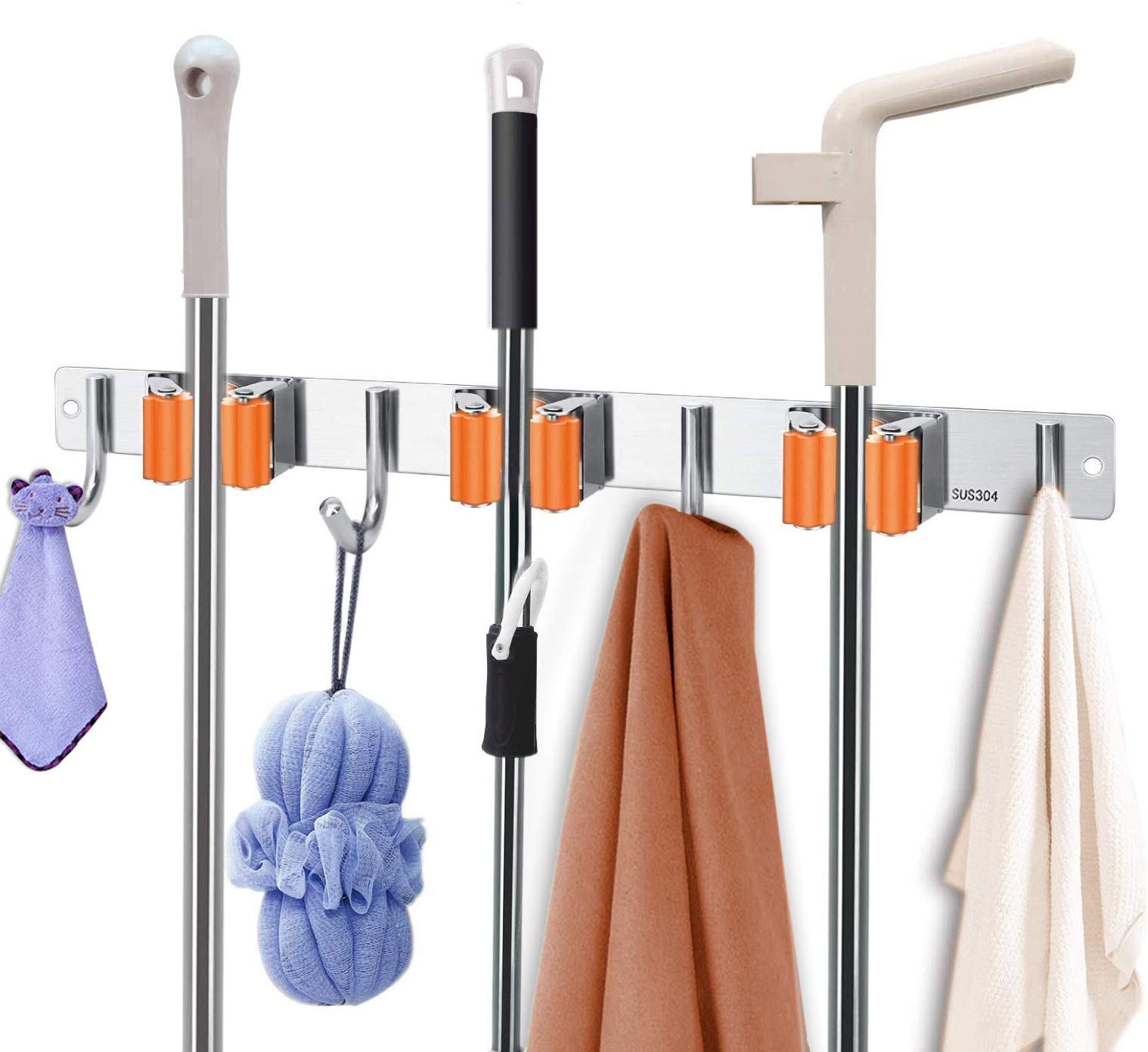 OBELON Stainless Steel Wall Mounted Mop and Broom Holder with 3 Clips & 4 Hooks, No Drill Utility Storage for Kitchen, Bathroom, Garage, Garden - Orange Clip