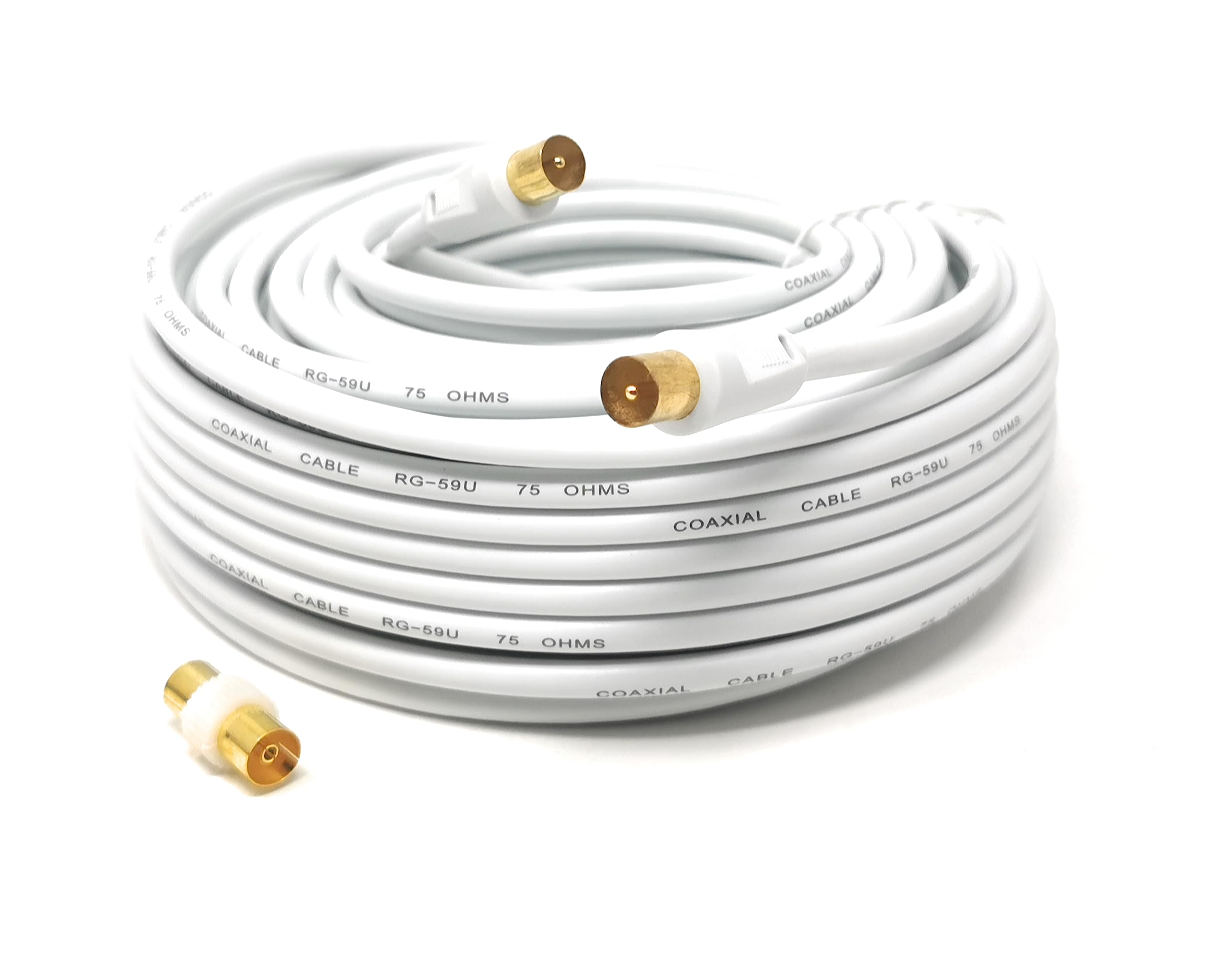 TV Aerial Coaxial Cable Male to Male RF Antenna Coax Lead Compatible with Sky SkyHD, Virgin, BT, Satellite TV, VCR, DVD Players. Comes with Female Coupler, Gold Plated Connectors (50m, White)
