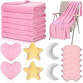 Fanfanwin 18 Pcs Sleepover Party Supplies Set for Girls Slumber Fleece Soft Blankets Moon Star Cloud Throw Pillow Cushion Plush Sleep Eye Mask for Spa Camping Birthday Favors