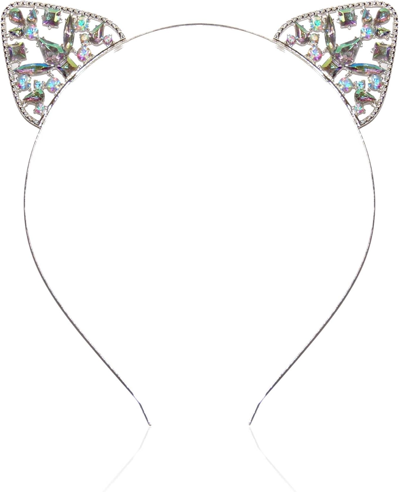 Women or Girls Iridescent Crystal Cat Ears Headband for All Ages (Silver)