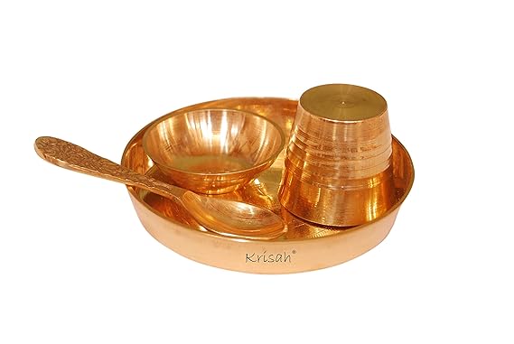 Krisah Brass Laddu Gopal Ji Bhog Thali with Glass, Bowl and Spoon (Gold_2.1 Inch X 2.1 Inch X 1.1 Inch)