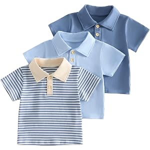 3-Pack Toddler Boys Short Sleeve Polo Shirt Baby Boy Girls Solid and Striped Tee Shirts Button Collar Top