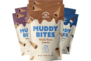 Muddy Bites Waffle Cone Snacks Bite Sized Chocolate Filled Cones for Snack or Dessert, Milk Chocolate, Dark Chocolate, Cookies & Cream, Made with Cane Sugar, Non-GMO, Kosher (Variety Pack, 6 Bags)