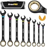 GRENPRO 9PC SAE Ratcheting Wrench Set 5/16"-3/4" Long Combination Open End | Includes Bolt Gauge, Electro-Coated CR-V Steel, 72-Tooth 5Deg Swing 12Pt Color Rings, Roll Pouch For Auto &amp; Home Repair