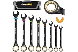 GRENPRO Ratchet Wrenches Set, Ratcheting Wrench Set, 9PC Sae 5/16 to 3/4 72Th Long Box Open End Ratchet Wrench Organizer With Color Ring With Roll Up Pouch With Gauge, Big Combination Wrench Tool Sets