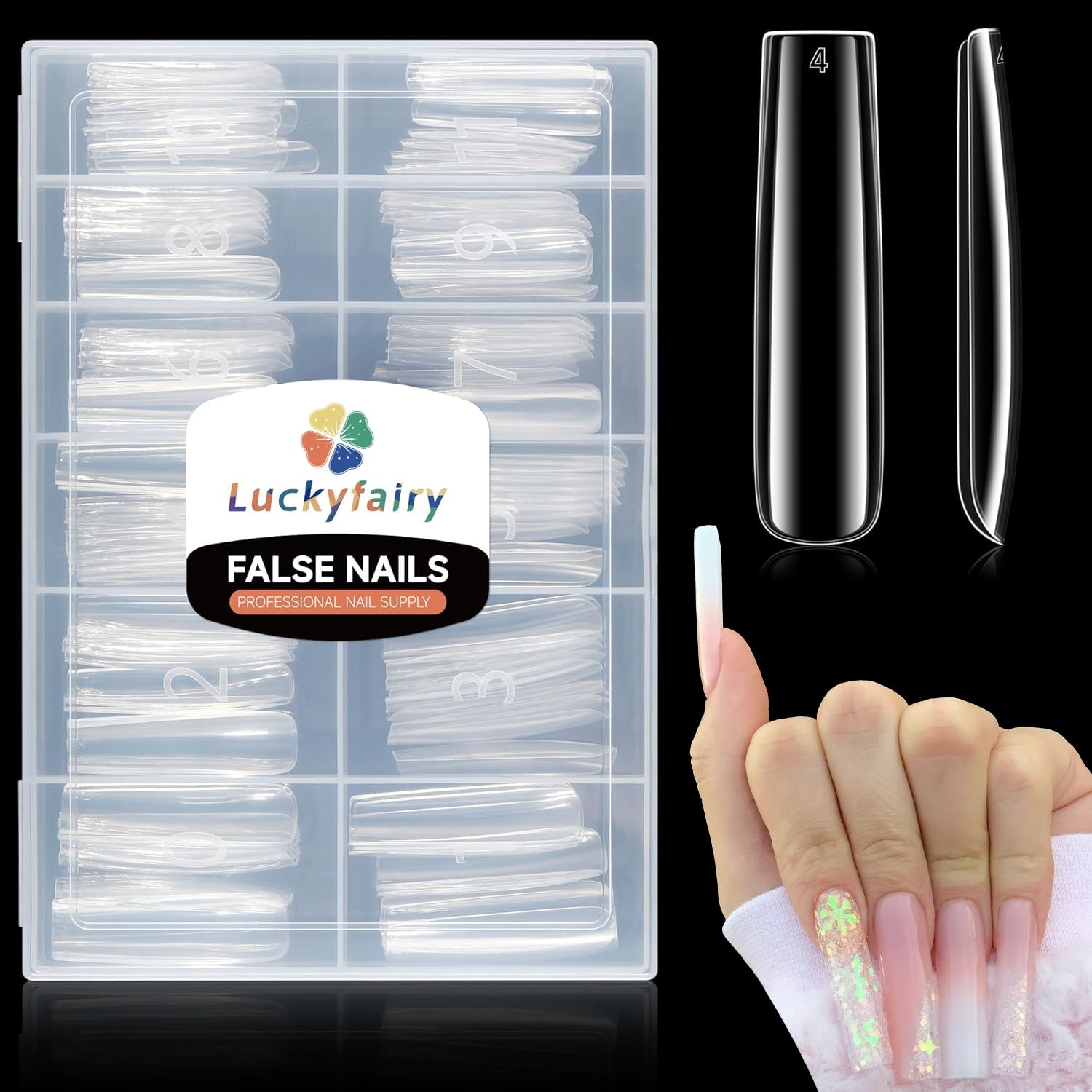 Photo 1 of Luckyfairy Extra Long Square Nail Tips, XXL 120Pcs 12 Sizes No C Curve Clear Acrylic Nails Straight Tapered Square Press on False Nail Tips for Nail Extension Nail Art Salon Home DIY