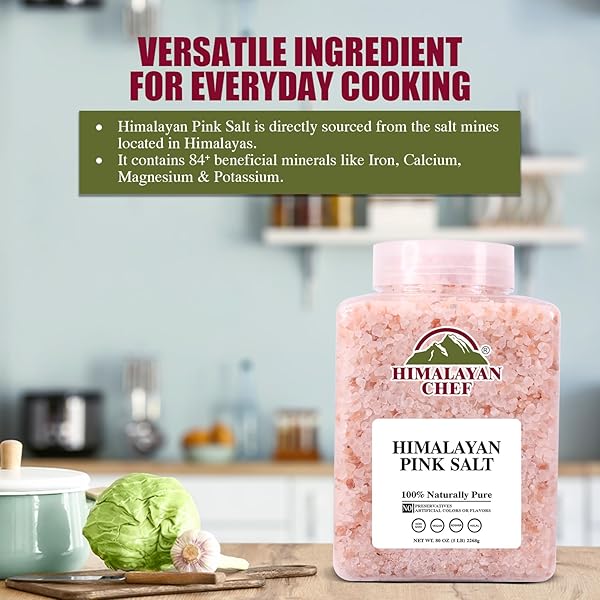 HIMALAYAN CHEF PINK HIMALAYAN SALT COARSE GRAIN, 5 LBS PLASTIC JAR – PURE, NATURAL, KOSHER, MINERAL-RICH, IDEAL FOR GRINDER REFILLS, COOKING, SEASONING