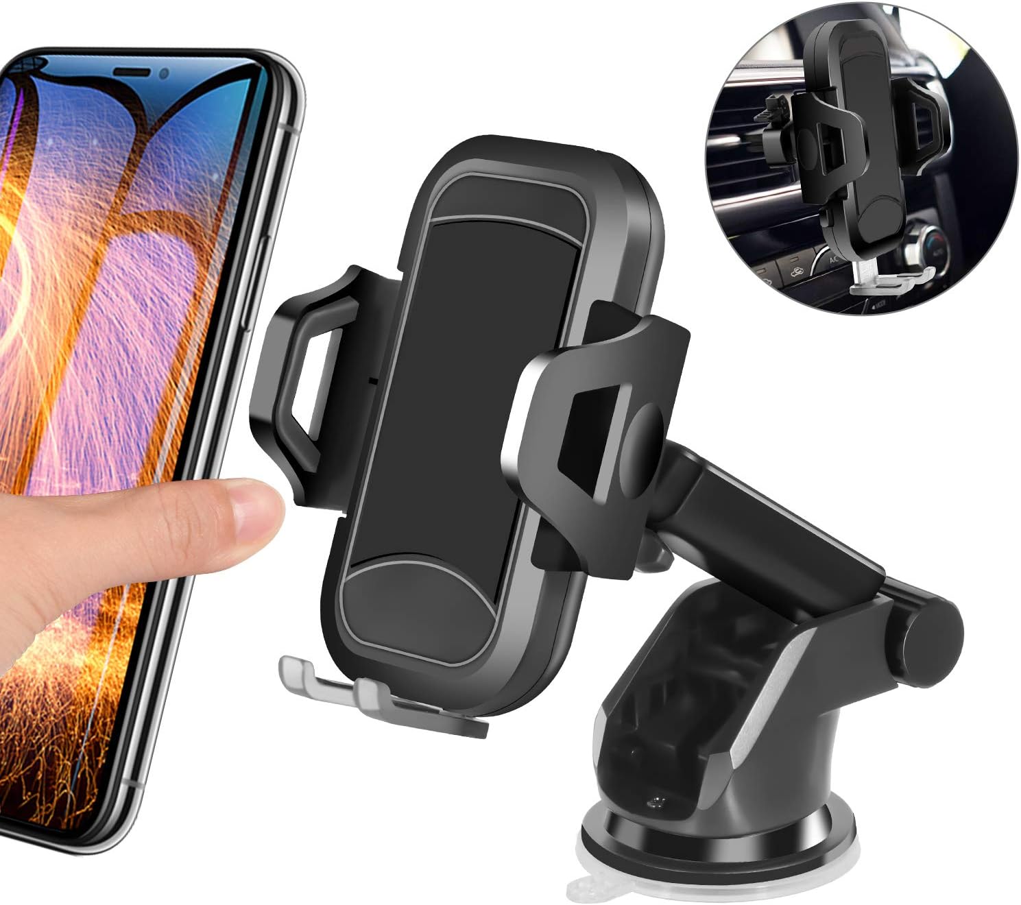 Car Phone Mount, HENKUR Cell Phone Holder for Car Dashboard Windshield Air Vent, Upgraded Phone Stand Strong Suction Compatible with iPhone 11 pro Max X Xs XR 8 7 6s Plus SE, Galaxy S7,8,9,10 (Black)