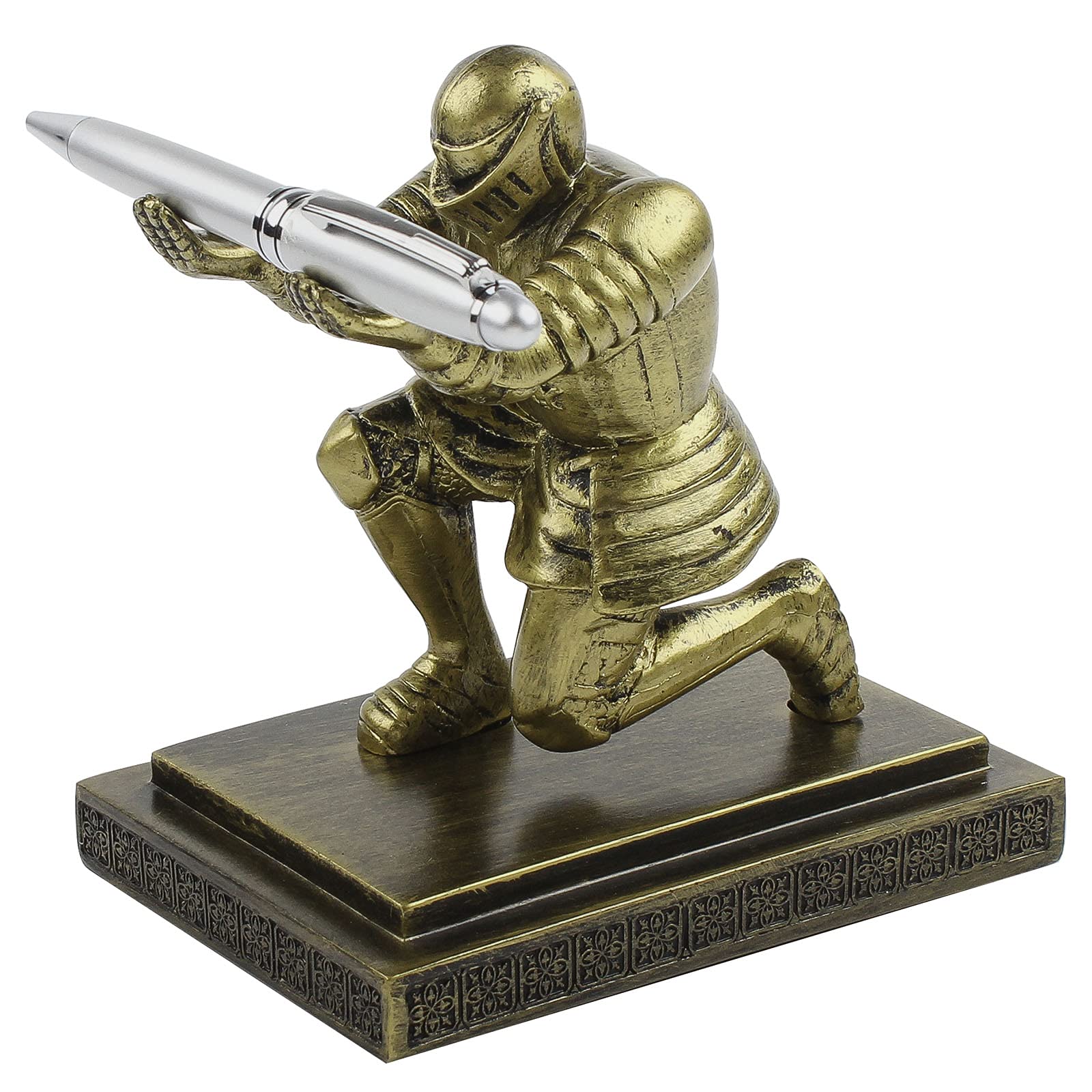 QOPAHI Executive Knights Pen Holder Cool Pen Stand with a Pen, Personalized Desk Decorations Cool Desk Accessories Support Pen Pencil for Home Office Gifts(Bronze)
