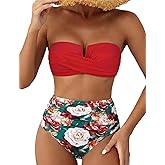 Hilor Bandeau Two Piece Bathing Suits for Women with Strap Retro High Waisted Swimsuits Sexy Push Up Bikini Swimwear