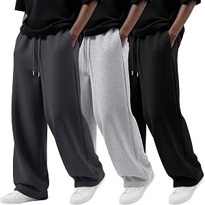 JoyMotion 3 Pack Men's Baggy Sweatpants | Wide Leg, Drawstring, Open Bottom Joggers, Lounge Pants, Lightweight, Side Pockets,