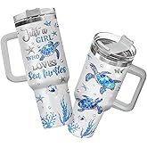 34HD Cute Tutle Tumbler 40oz with Handle and Straw, Just a Girl Who Loves Sea Turtles, Cute Blue Sea Ocean Design Insulated Stainless Steel Travel Mug, Birthday Gifts for Women Girls & Marine Lovers
