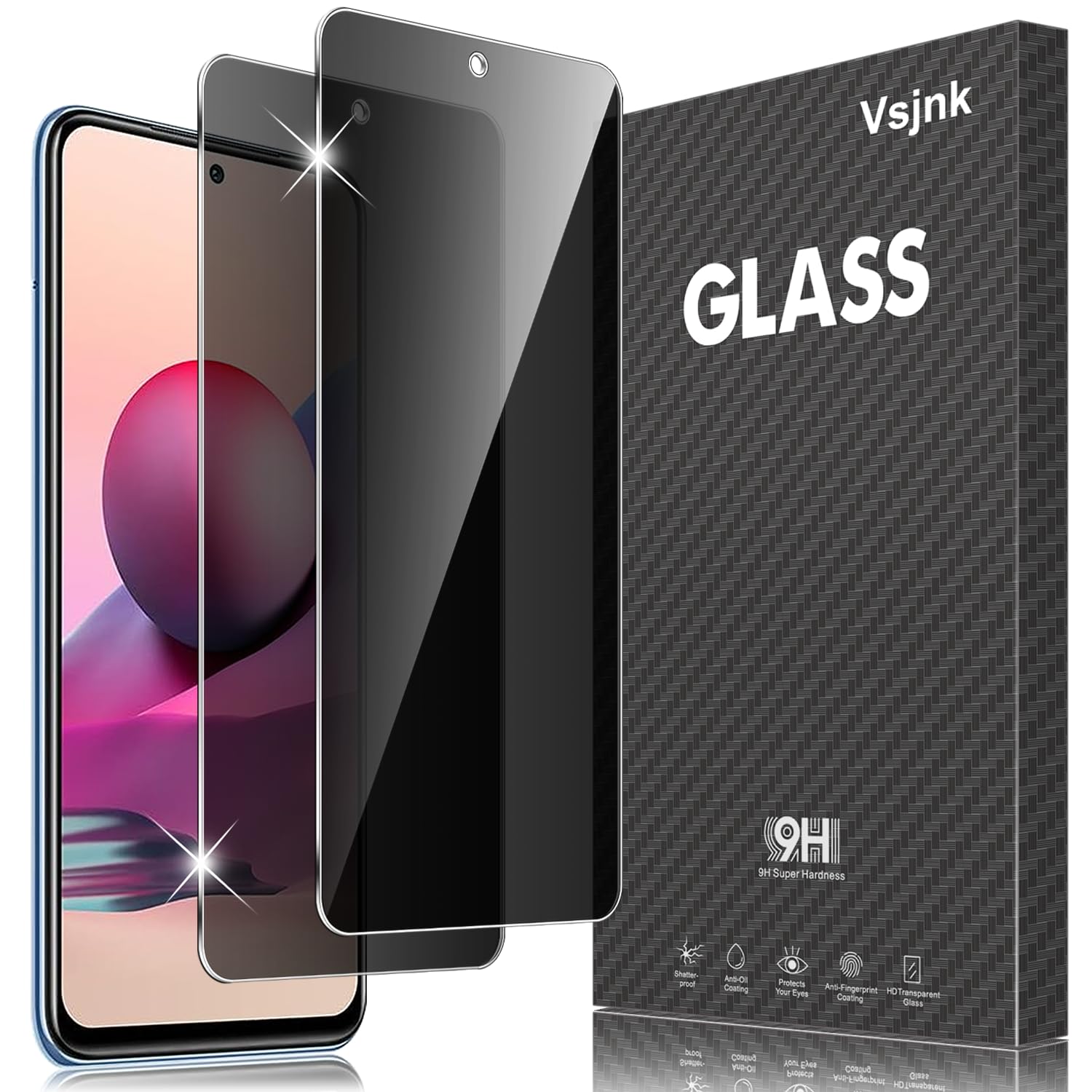 Vsjnk Privacy Screen Protector Compatible with Xiaomi Redmi Note 10S/Note 10 Anti-Spy Tempered Glass,2-Pack Protection Film Anti fingerprint Anti scratch Anti bubble Hardness 9H