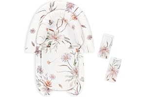 CARUILI Baby Car Seat Head Support & Strap Covers, Upgraded 2-in-1 Infant Car Seat Insert Cushion for Newborn Girls, Perfect for Carseat, Stroller, Swing, Extra Soft, White Flower