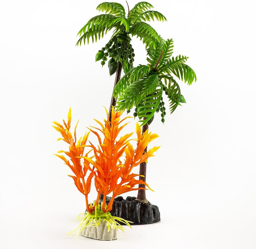 6" Paradise Palm Tree and 3" Orange Lava Bush - Decorative Aquarium Plant Combo