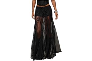 WDIRARA Y2K Skirts for Women See Through Sheer Lace Maxi Skirt Low Waist Ruffle Hem A Line Flowy Skirt