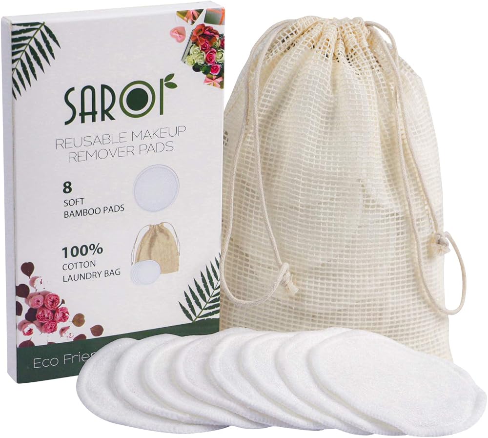 SAROI 8 Reusable Makeup Remover Pads | Bamboo Cotton Facial Cleansing Wipes |