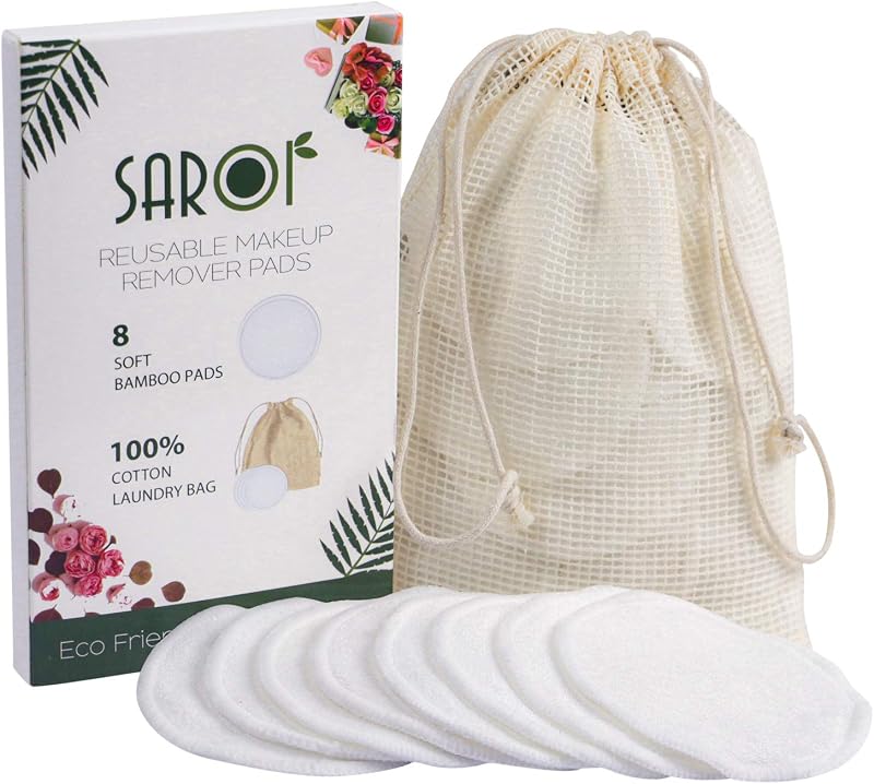 SAROI 8 Reusable Makeup Remover Pads | Bamboo Cotton Facial Cleansing Wipes |