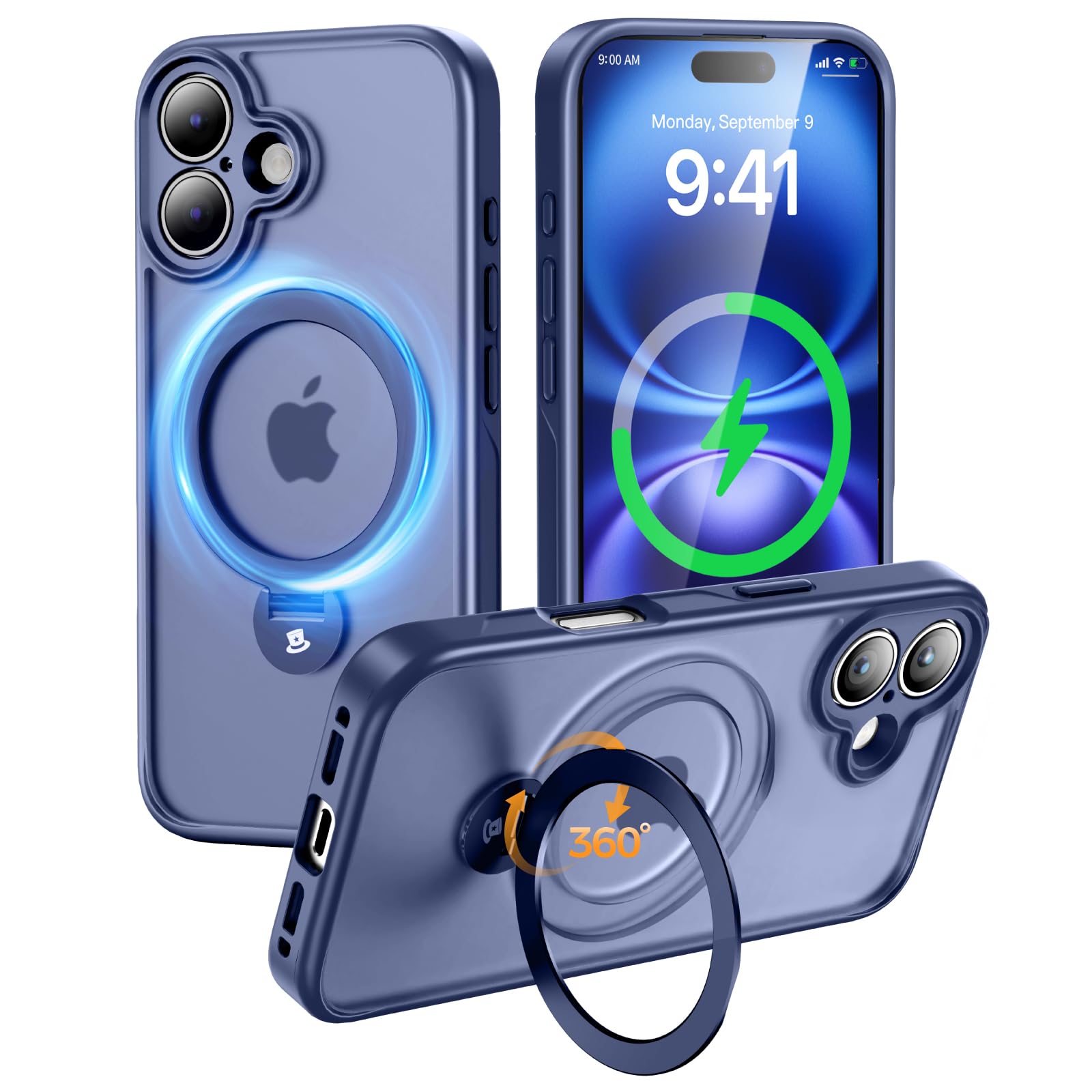 MAGIC JOHN Designed for iPhone 16 Plus Case with Magnetic Invisible Stand [Military Drop Protection] [Compatible with MagSafe] Shockproof Translucent Matte Kickstand Phone Case 6.7 Inch, Blue