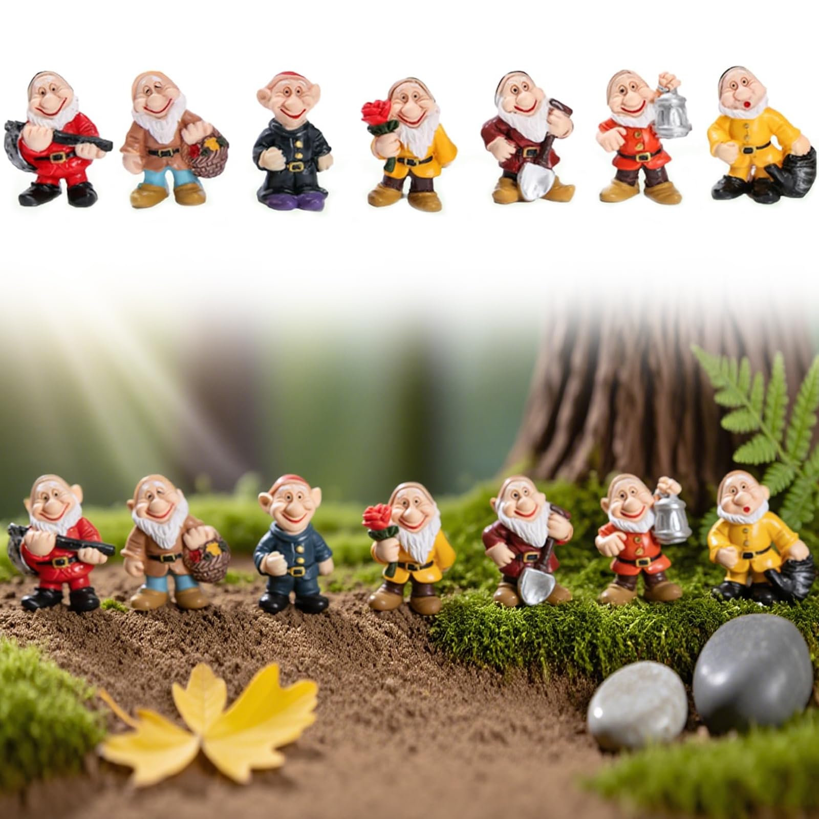 7 Pcs Mini Gnome Statue, Mini Garden Gnomes, Miniature Fairy Garden Gnomes Fairy Resin Outdoor Statues Miniature Garden Decoration Ornament Gardens Decoration for Table, Gardens, Indoor & Outdoor