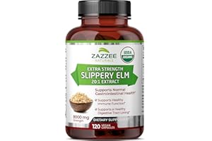 Zazzee USDA Organic Slippery Elm Bark 20:1 Extract, 8000 mg Strength, 120 Vegan Capsules, 4 Month Supply, Standardized, Concentrated 20X Extract, 100% Vegetarian, All-Natural, Non-GMO, Made in the USA