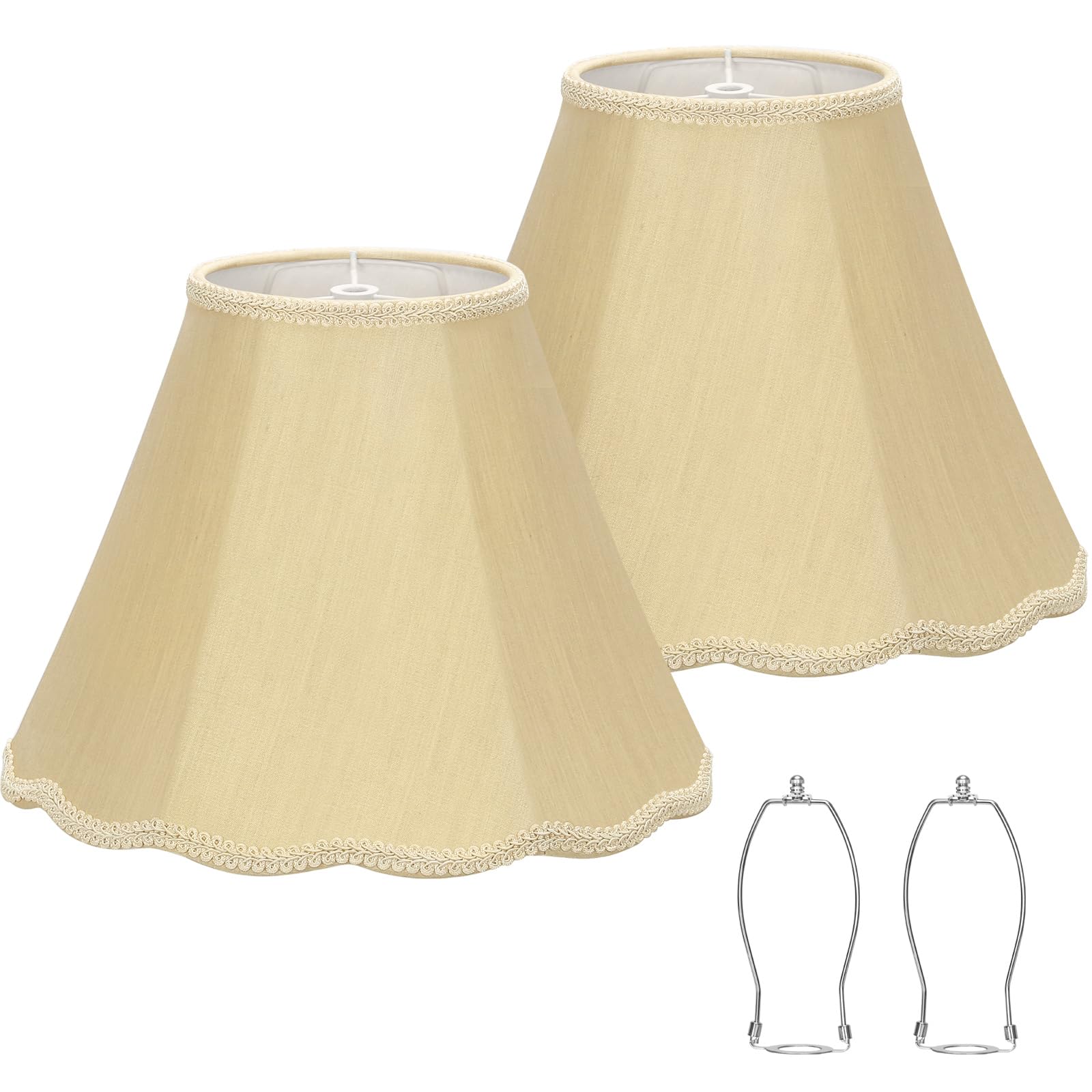Photo 1 of Gold Scalloepd Lamp Shades Set of 2, 6.1"Top x 13"Bottom x 9.8"High, Bell Lamp Shades for Floor Lamps Table Lamps, Medium Lampshade with Petal Edge Braid, Spider, Harp Holders Included, Easy Assembly