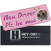 HEY-OKEY New Driver Magnet for Car - Funny Cute Hamster Please Be Patient Reflective Magnetic Bumper Sticker - Removable Novice Rookie Safety Caution Sign - Weather-Resistant 10 x 3.5 in - Baby Pink